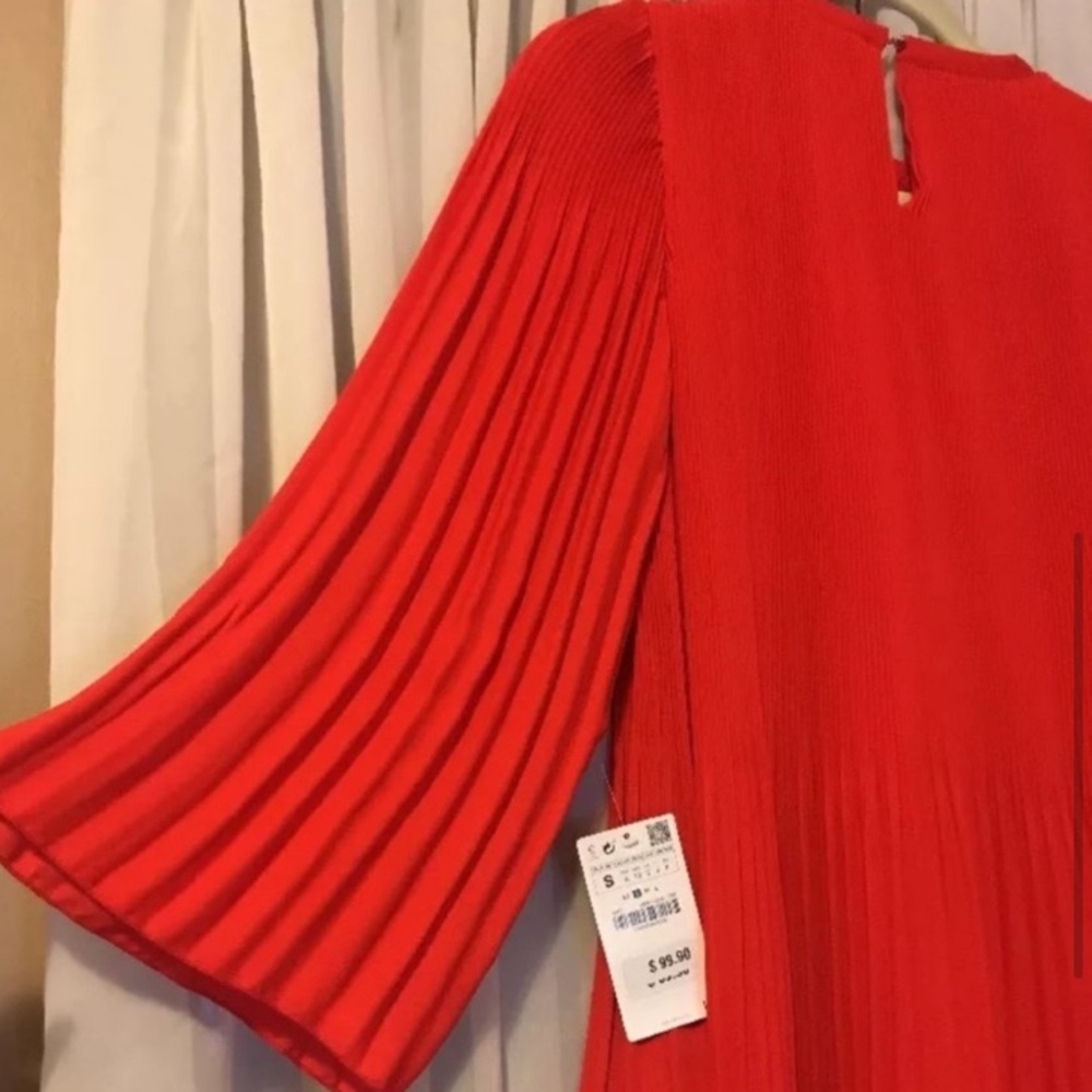 Zara Red Pleated Long-Sleeve Mini Dress - Picture 5 of 8